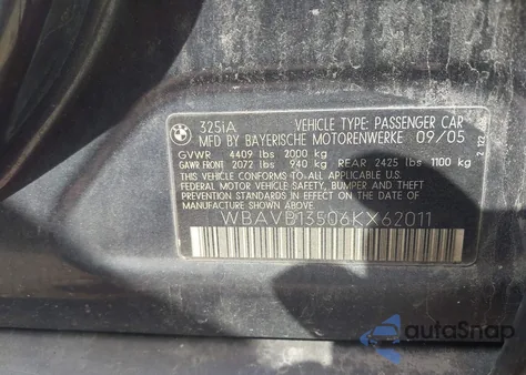 2006 BMW 325I z USA, uszkodzony, nr VIN WBAVB13506KX62011